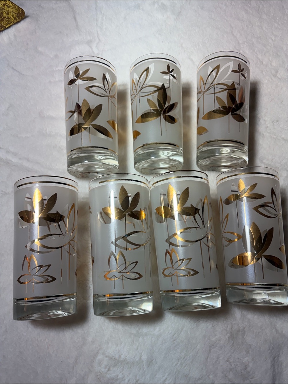 Frosted White Highball Glasses with Gold Leaf Floral Accents - Set of 7